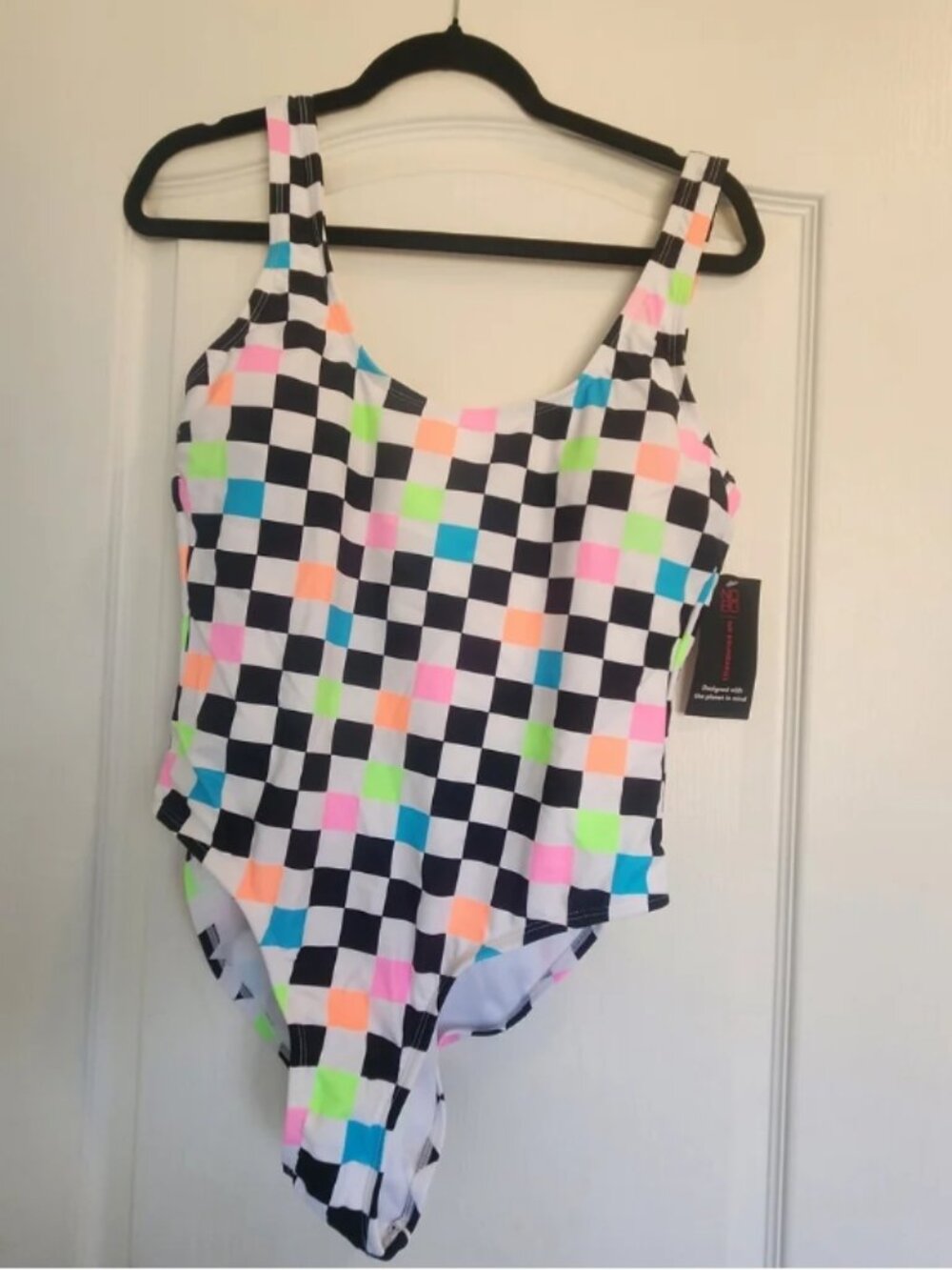 No Boundaries Black & White Checkerboard One-Piece with Neon Accents Size L BNWT